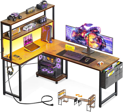 53 Inch L Shaped Gaming Desk with LED Lighting, Reversible Desk with Power Outlets, Cornor Computer Table with Storage Shelves & Bag & Iron Hook, Home Office Table for Writing, Study, Black