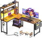 53 Inch L Shaped Gaming Desk with LED Lighting, Reversible Desk with Power Outlets, Cornor Computer Table with Storage Shelves & Bag & Iron Hook, Home Office Table for Writing, Study, Black