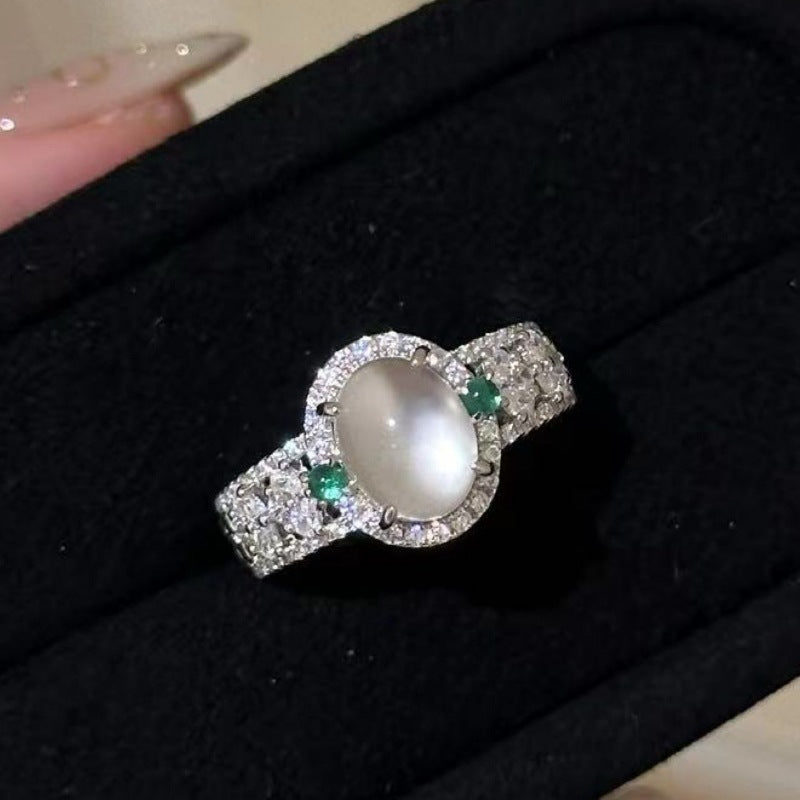 Retro Chinese Oval Diamond Sparkling Jade Ring