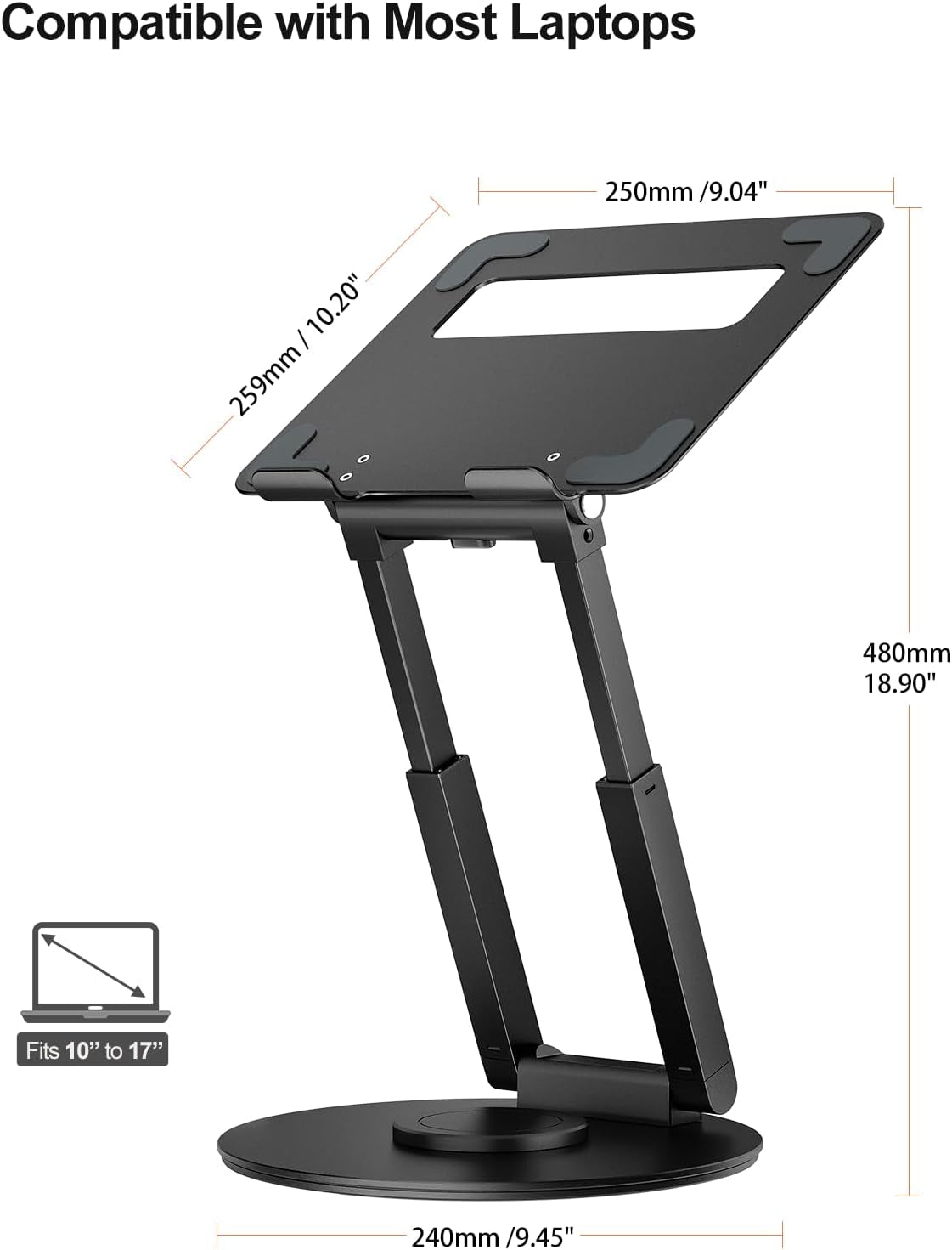 Telescopic Laptop Stand for Desk with 360° Swivel Base, Sit to Stand, Height Adjustable, Portable Riser Holder for Good Posture, Compatible with Macbook Pro, All Laptops 10-17" - Black