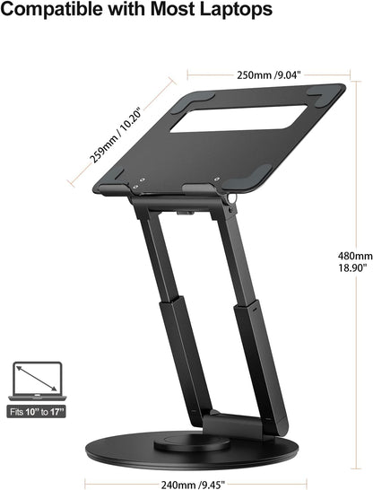Telescopic Laptop Stand for Desk with 360° Swivel Base, Sit to Stand, Height Adjustable, Portable Riser Holder for Good Posture, Compatible with Macbook Pro, All Laptops 10-17" - Black