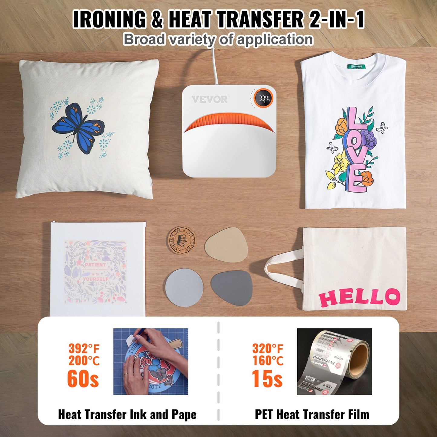 VEVOR Heat Press Machine,9x9inches Portable Shirt Printing Multifunctional Sublimation Transfer Heat Press Machine TeflonCoated, Easy Iron-on Press For T-shirts HTV Vinyl Bags Pillows Projects