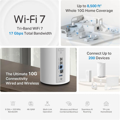 Deco 7 Pro BE17000 Tri-Band Wi-Fi 7 Whole Home Mesh System | 9-Stream 17Gbps | 10G RJ45/SFP+ Combo | Multi-Gig Wired Backhaul | up to 8500 Sq.Ft | Homeshield, MLO, 320 Mhz (Deco BE77 3-Pack)