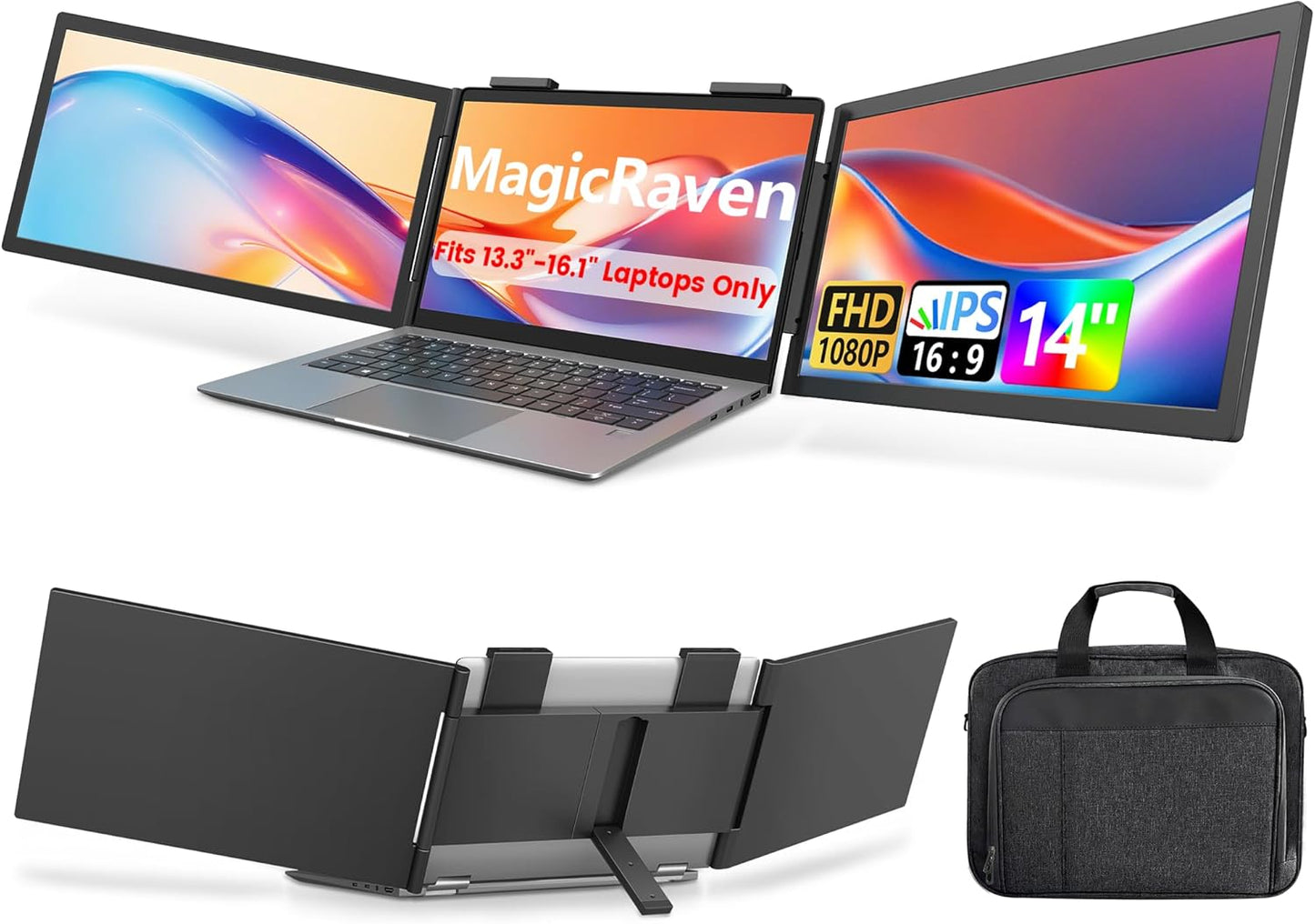Dual Laptop Screen Extender, 14" 1080P IPS Portable Triple Monitor for 13.3-16.1" Laptops with USB-C Port, Plug and Play, Attachment Screen for Windows/Mac/Android/Switch/Ps5/Xbox