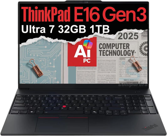 Lenovo Thinkpad E16 Gen 3 Business AI PC Laptop (16" FHD+ Anti-Glare, Intel 16-Core Ultra 7 255H (> I9-13900H), 32GB DDR5 RAM, 1TB SSD) Thunderbolt 4, 5MP Webcam, Fingerprint, Win 11 Pro, 2025