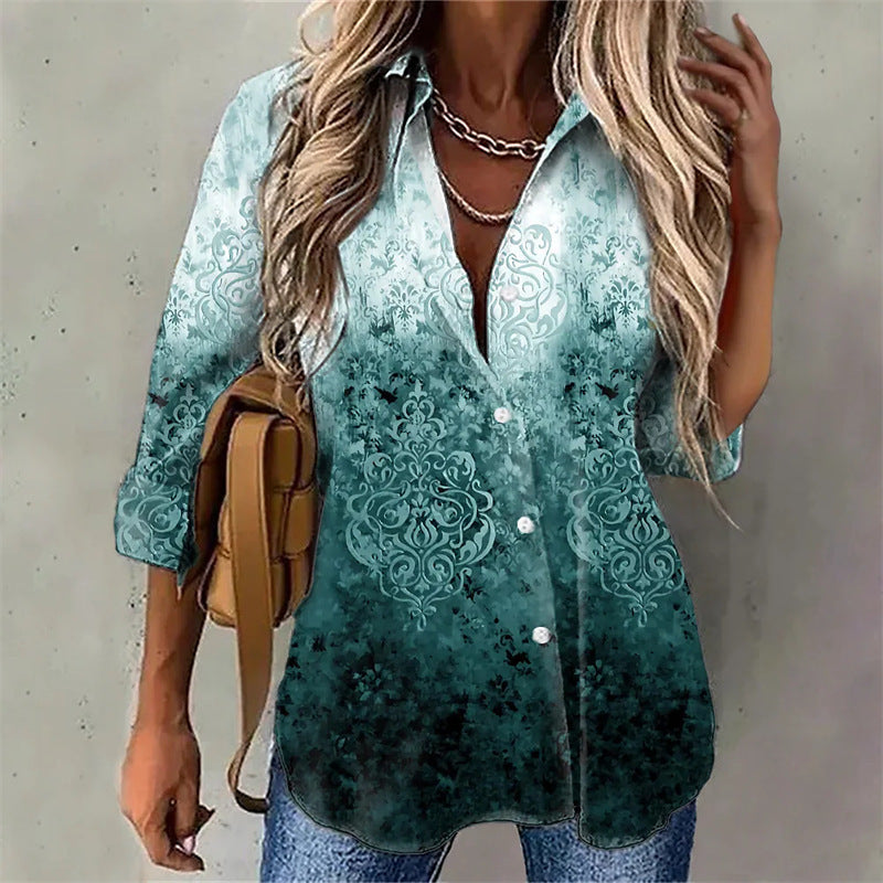 Tie-dyed Printed Button Long-sleeved Shirt