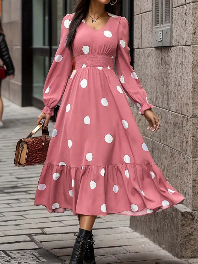 V-neck Long Sleeve Ruffled Hem Dress