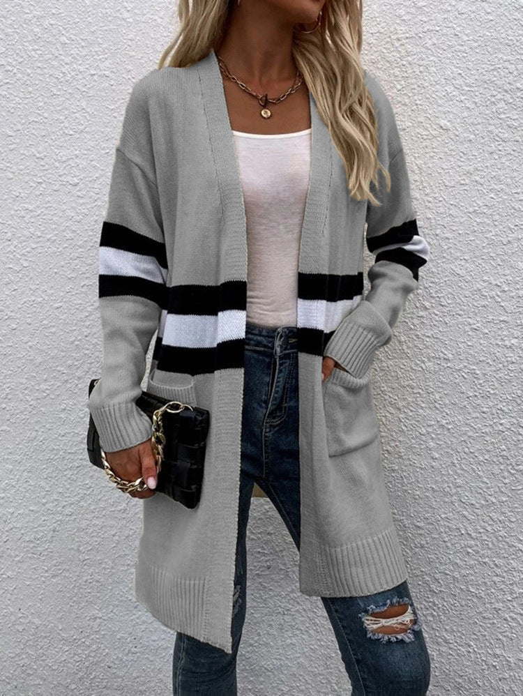 Striped Contrast Color Loose Casual Sweater Coat