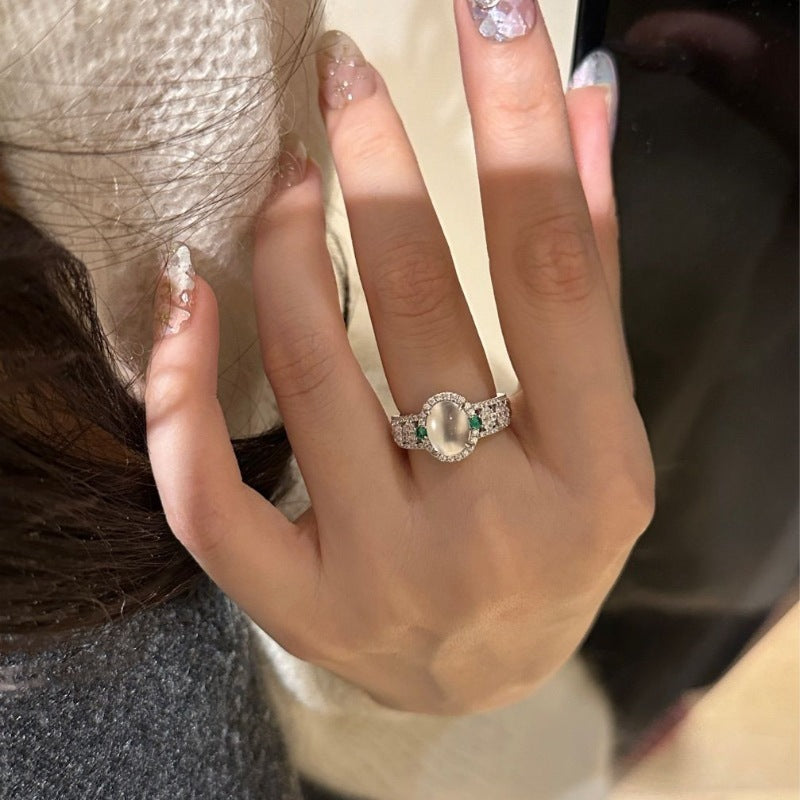 Retro Chinese Oval Diamond Sparkling Jade Ring