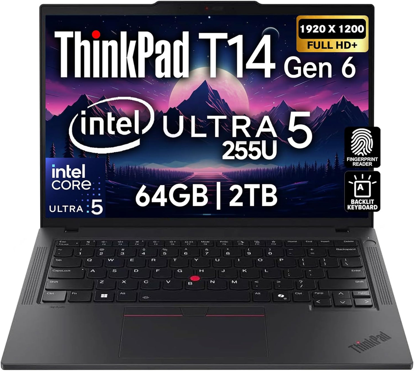 Thinkpad T14 Gen 6 Business Laptop 14" FHD+ IPS, Intel Ultra 7 255U, 64GB DDR5 RAM, 2TB SSD, 5MP Webcam, Fingerprint, Backlit, Wi-Fi 6E, 2 Thunderbolt 4, AI PC, W11P