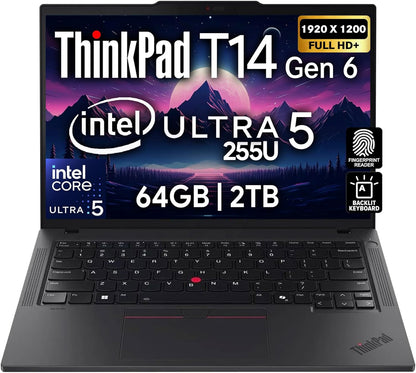 Thinkpad T14 Gen 6 Business Laptop 14" FHD+ IPS, Intel Ultra 7 255U, 64GB DDR5 RAM, 2TB SSD, 5MP Webcam, Fingerprint, Backlit, Wi-Fi 6E, 2 Thunderbolt 4, AI PC, W11P