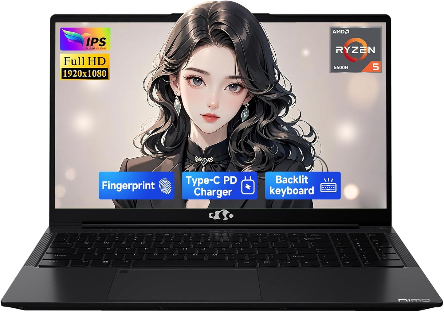 15.6" IPS Fhd-Gaming-Laptop, AMD Ryzen 5 6600H 32GB DDR5 RAM 1TB SSD (Beat I7-1165G7, 6 Cores up to 4.5Ghz) AMD Radeon 660M GPU 100W USB-C PD Fast Charger Backlit Keyboard Fingerprint