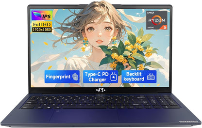 15.6" IPS Fhd-Gaming-Laptop, AMD Ryzen 5 6600H 32GB DDR5 RAM 1TB SSD (Beat I7-1165G7, 6 Cores up to 4.5Ghz) AMD Radeon 660M GPU 100W USB-C PD Fast Charger Backlit Keyboard Fingerprint