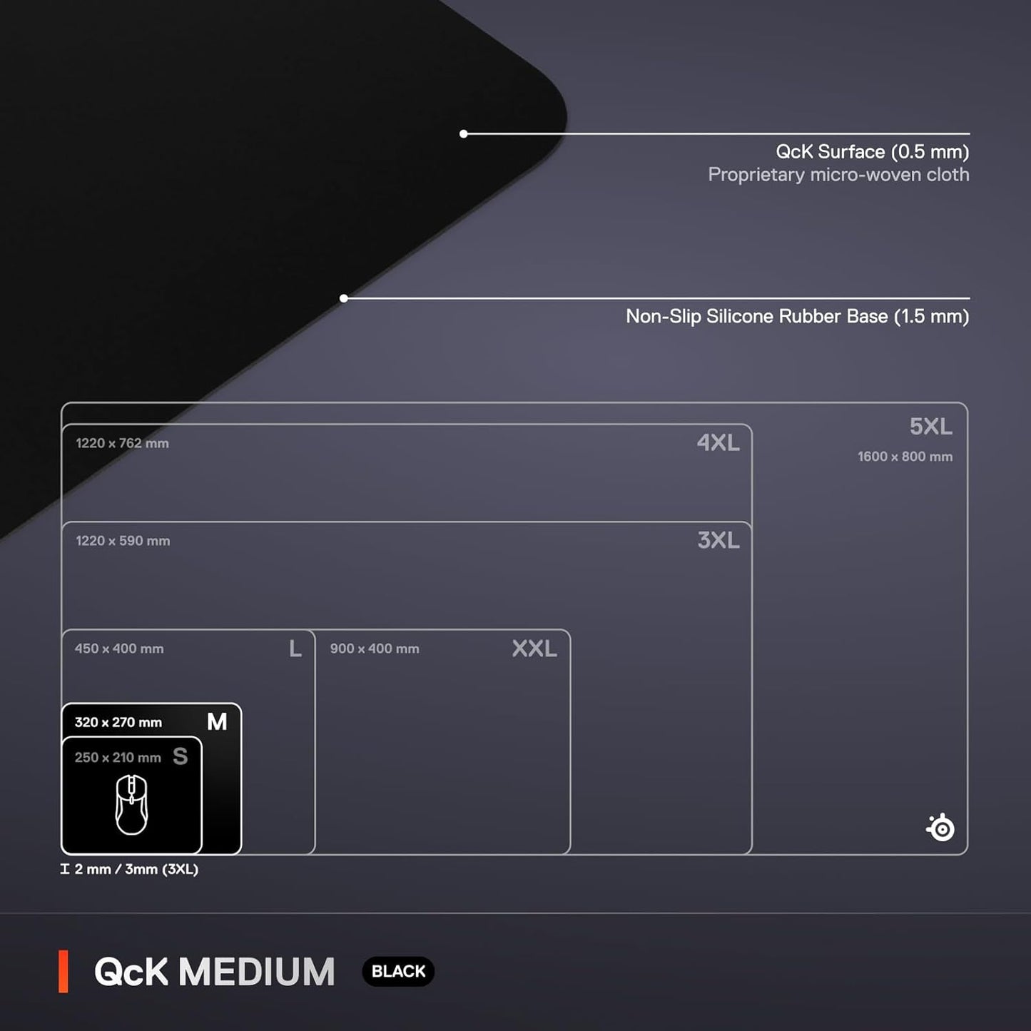 Qck Medium Gaming Mousepad — Black — Non-Slip Silicone Rubber Base — Peak Tracking and Stability — Optimized for Gaming Sensors — 320 Mm X 270 Mm — FPS, Mobas, RTS, MMO