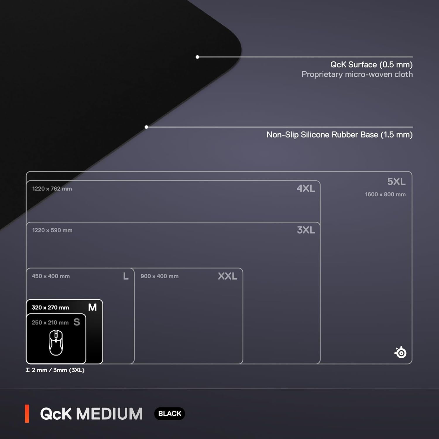 Qck Medium Gaming Mousepad — Black — Non-Slip Silicone Rubber Base — Peak Tracking and Stability — Optimized for Gaming Sensors — 320 Mm X 270 Mm — FPS, Mobas, RTS, MMO