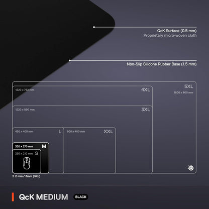 Qck Medium Gaming Mousepad — Black — Non-Slip Silicone Rubber Base — Peak Tracking and Stability — Optimized for Gaming Sensors — 320 Mm X 270 Mm — FPS, Mobas, RTS, MMO