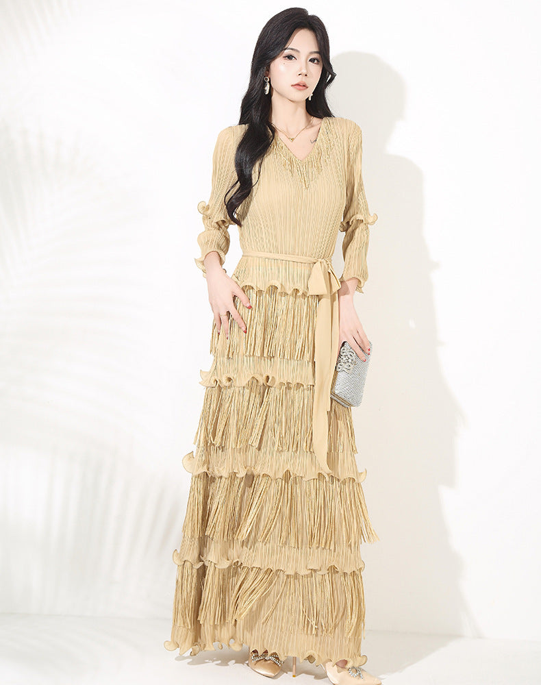 Slim-fit Slimming V-neckline Bronzing Tassel Dress