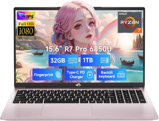 15.6" FHD Light-Gaming-Laptop, 8 Cores AMD Ryzen 7 Pro 6850U 32GB LPDDR5 RAM 1TB SSD (Beat I7-1360P up to 4.7Ghz) GPU AMD Radeon 680M IPS Computer with 100W Type-C Backlit Keyboard Fingerprint