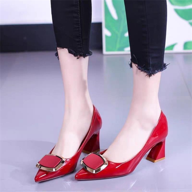 All-match Fashion Patent Leather Women's Shoes Shallow Mouth Pointed Mid Heel Women's Shoes