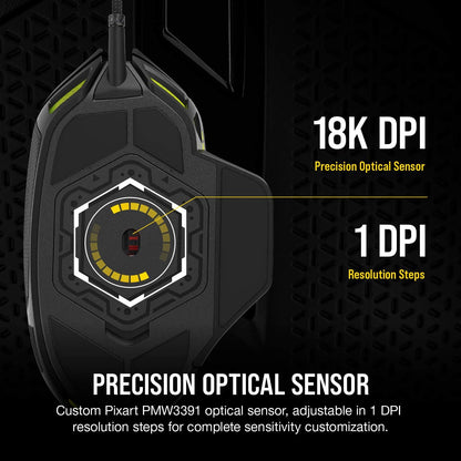 NIGHTSWORD RGB Gaming Mouse for FPS, MOBA - 18,000 DPI - 10 Programmable Buttons - Weight System - Icue Compatible - Black