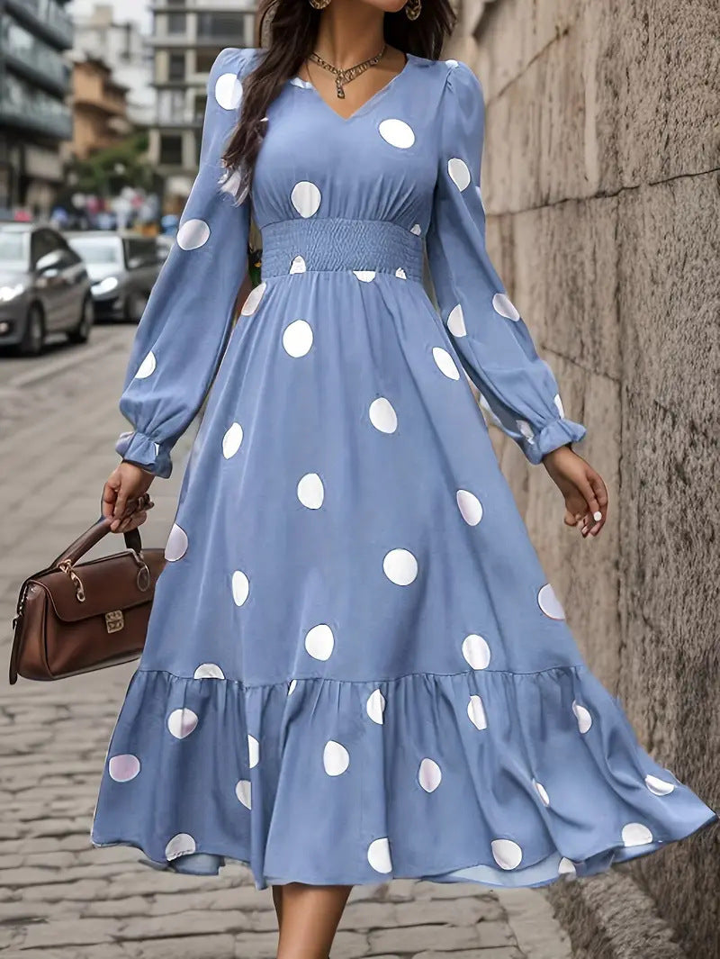V-neck Long Sleeve Ruffled Hem Dress