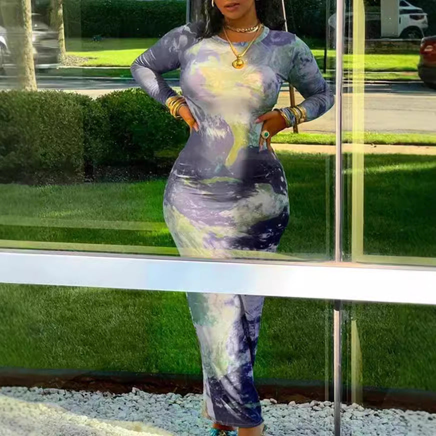Fashion Women's Printed Wear Long Sleeve Narrow Dress