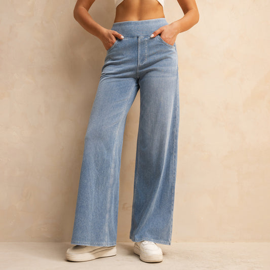 Shascullfites Melody Women's High-Waisted Wide-Leg Jeans Light Blue Casual Knitted Pants With Pockets Baggy Fit